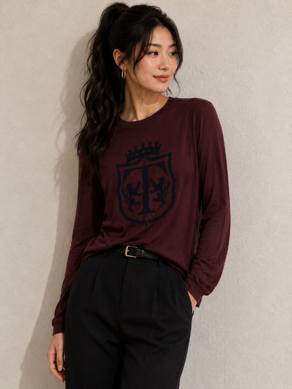 Talbots Burgundy and Blue Crew Neck Sweater with Graphic Design